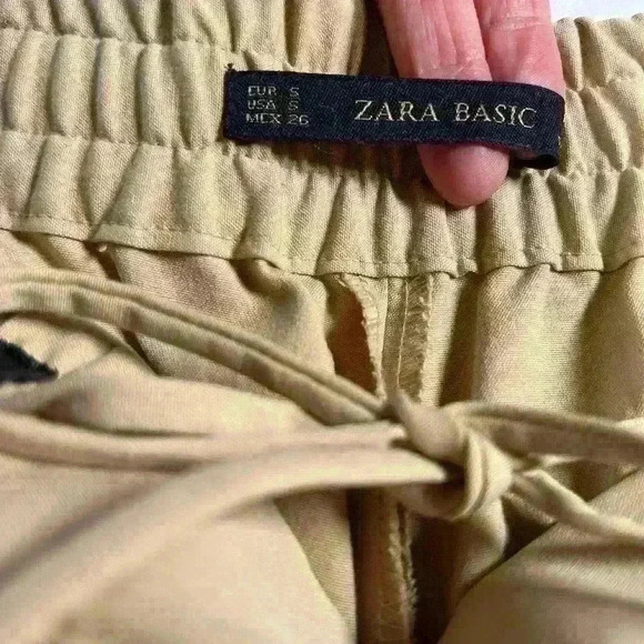 ZARA Tailored Dress Pants Relaxed Fit Tan Black Leather Drawstring Women Small - Picture 5 of 8